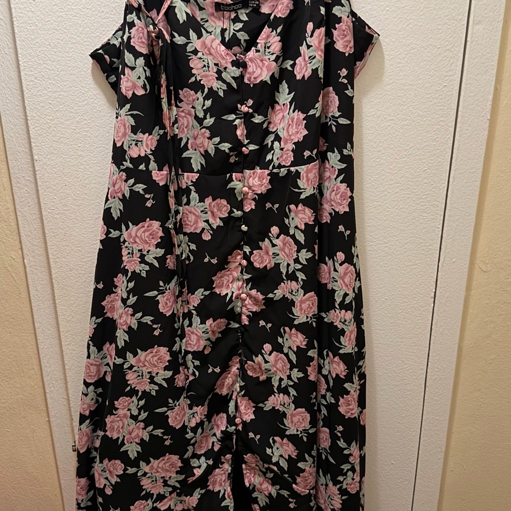 Boohoo Black Maxi Dress with Pink Rose Print